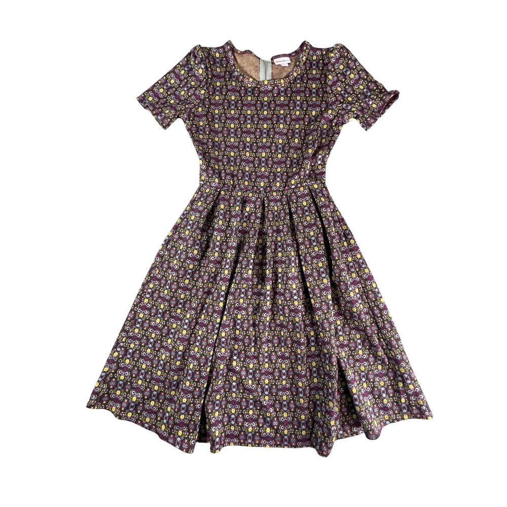 LuLaRoe Amelia Dress Womens Small Purple Floral Geometric Knee Length Pockets